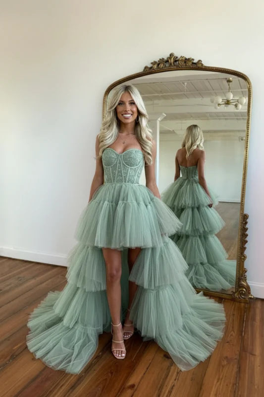 Romantic Strapless Sleeveless Tulle High-Low Party Dress