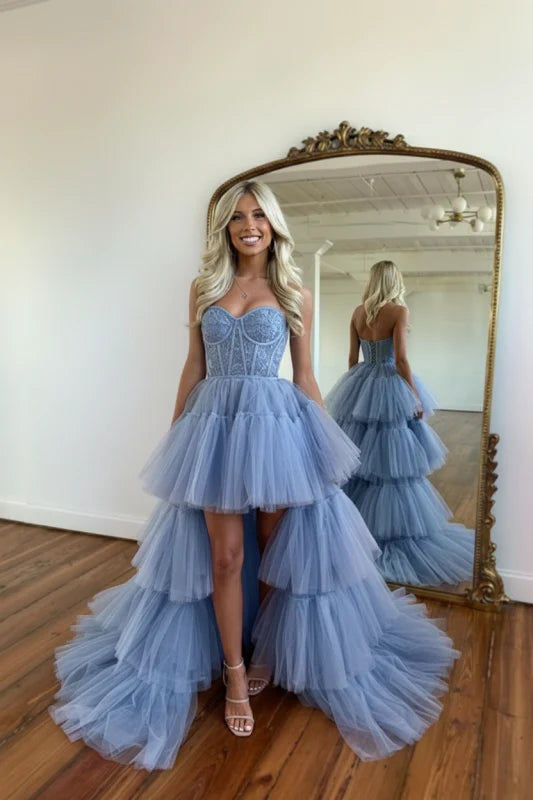 Romantic Strapless Sleeveless Tulle High-Low Party Dress