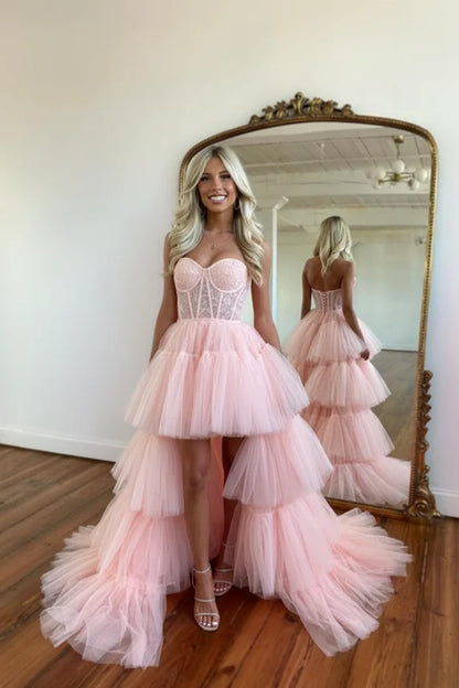 Romantic Strapless Sleeveless Tulle High-Low Party Dress