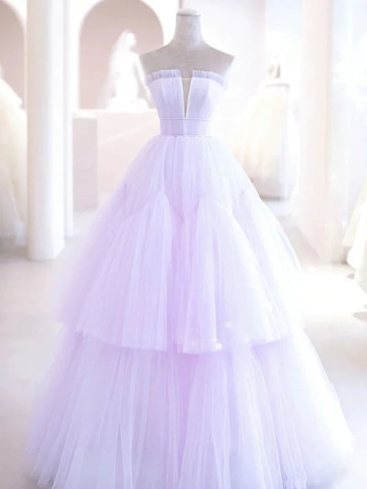 Romantic Strapless Tulle Lavender Floor-Length Wedding Dress