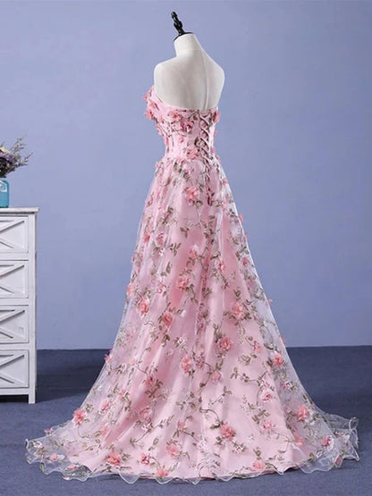 Romantic Sweetheart Sleeveless Floral Pink Floor-Length Prom Dress