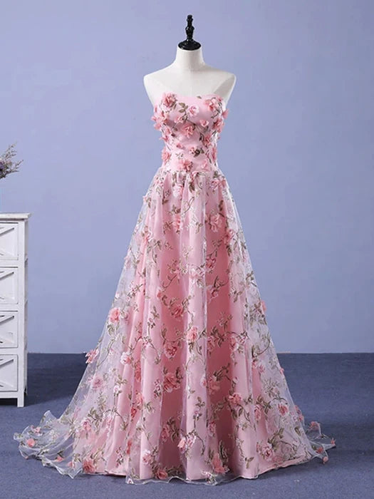 Romantic Sweetheart Sleeveless Floral Pink Floor-Length Prom Dress