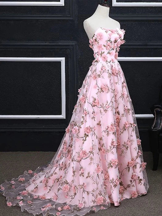 Romantic Sweetheart Sleeveless Floral Pink Floor-Length Prom Dress