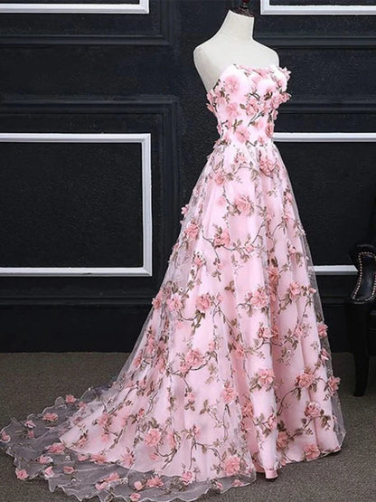 Romantic Sweetheart Sleeveless Floral Pink Floor-Length Prom Dress