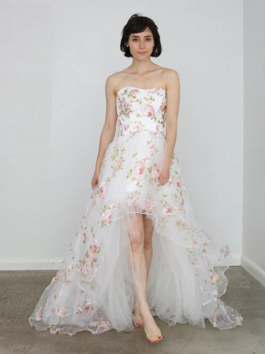 Romantic Sweetheart Sleeveless Floral White High-Low Prom Dress