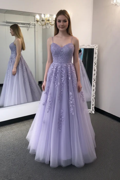 Romantic Sweetheart Spaghetti Strap Lace Lavender Prom Dress