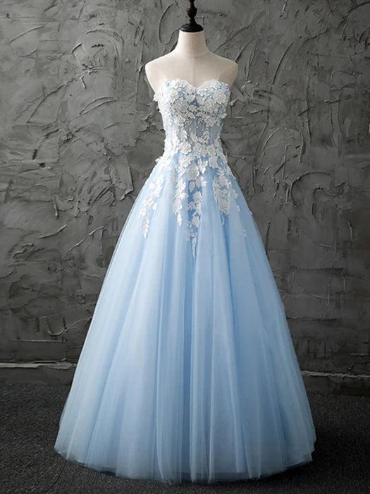 Romantic Sweetheart Strapless Lace Sky Blue Floor-Length Prom Dress