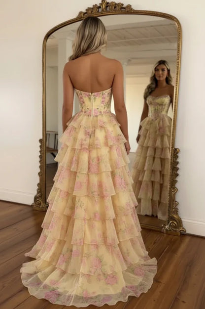 Romantic Tiered Strapless Floral Yellow Floor-Length Party Dress