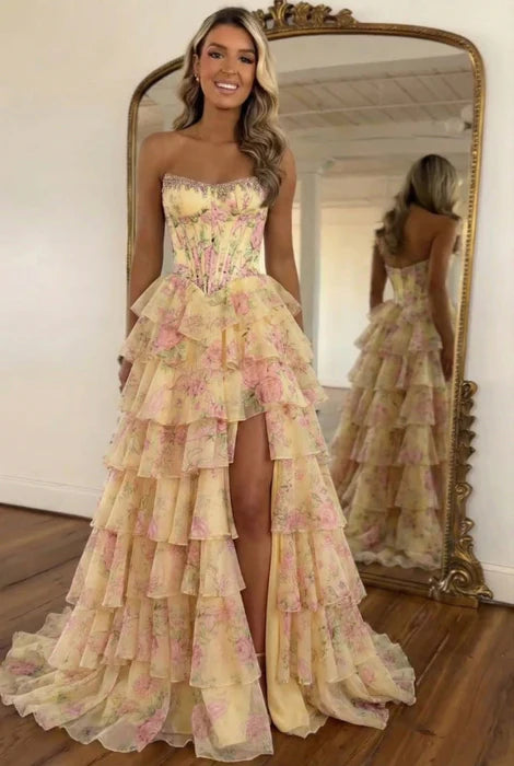 Romantic Tiered Strapless Floral Yellow Floor-Length Party Dress