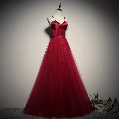 Romantic Tulle-Satin Long Evening Dress Burgundy Spaghetti-Strap Party Gown for Women