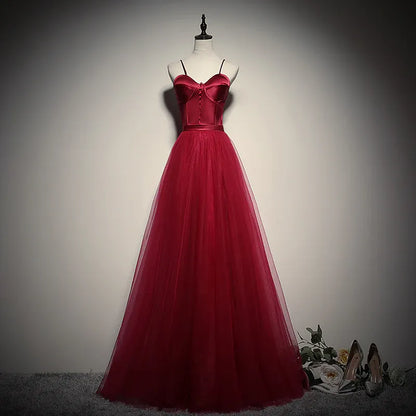 Romantic Tulle-Satin Long Evening Dress Burgundy Spaghetti-Strap Party Gown for Women