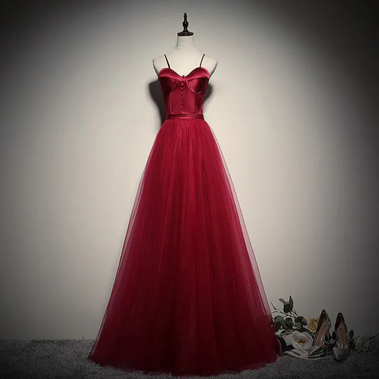 Romantic Tulle-Satin Long Evening Dress Burgundy Spaghetti-Strap Party Gown for Women