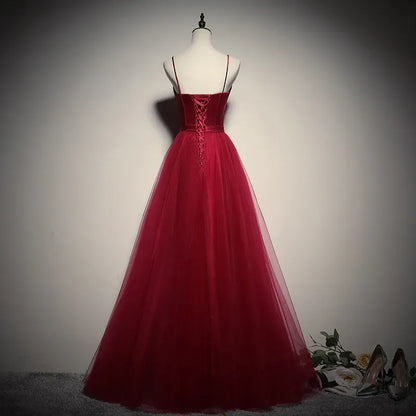 Romantic Tulle-Satin Long Evening Dress Burgundy Spaghetti-Strap Party Gown for Women