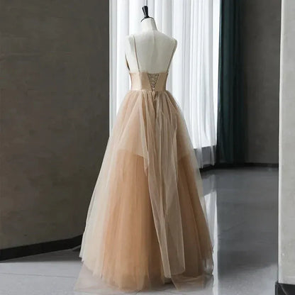 Romantic Tulle Long Evening Dress Blush Spaghetti-Strap Tiered for Women