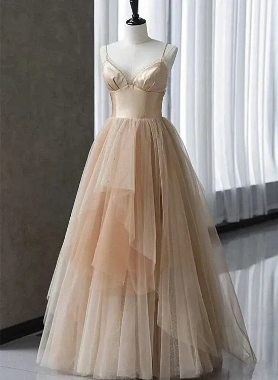Romantic Tulle Long Evening Dress Blush Spaghetti-Strap Tiered for Women