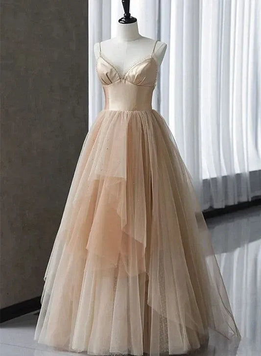 Romantic Tulle Long Evening Dress Blush Spaghetti-Strap Tiered for Women
