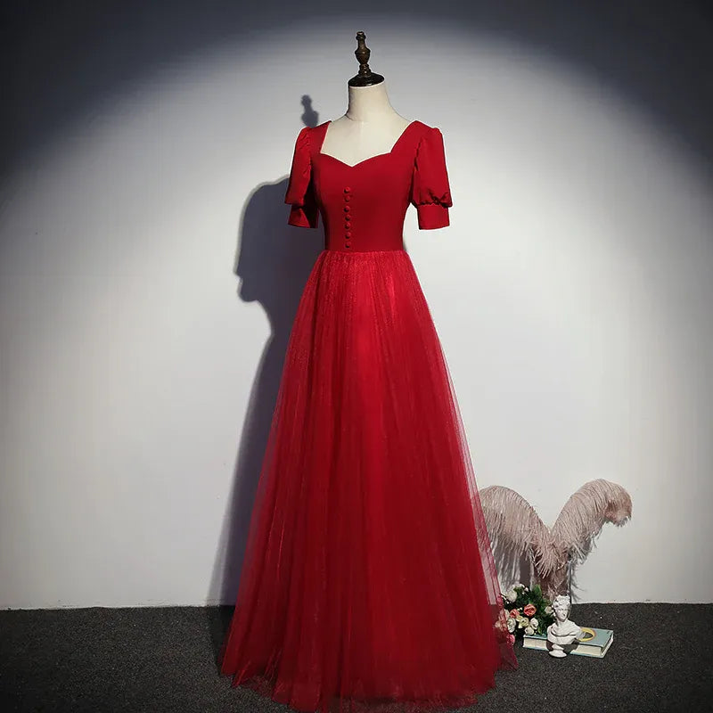 Romantic Tulle Long Evening Dress Red Square Neck Puff Sleeve for Women