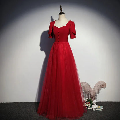Romantic Tulle Long Evening Dress Red Square Neck Puff Sleeve for Women