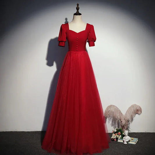 Romantic Tulle Long Evening Dress Red Square Neck Puff Sleeve for Women