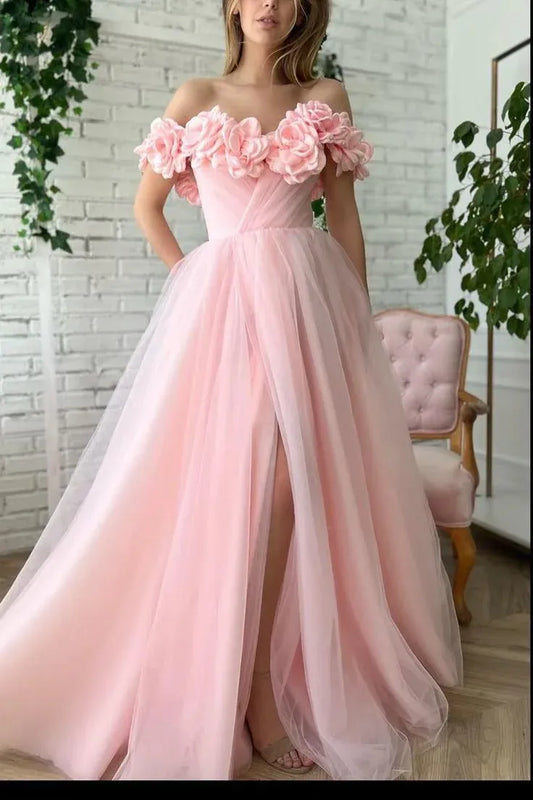 Romantic Tulle Maxi Evening Dress Blush Off-Shoulder Floral Sleeves for Women