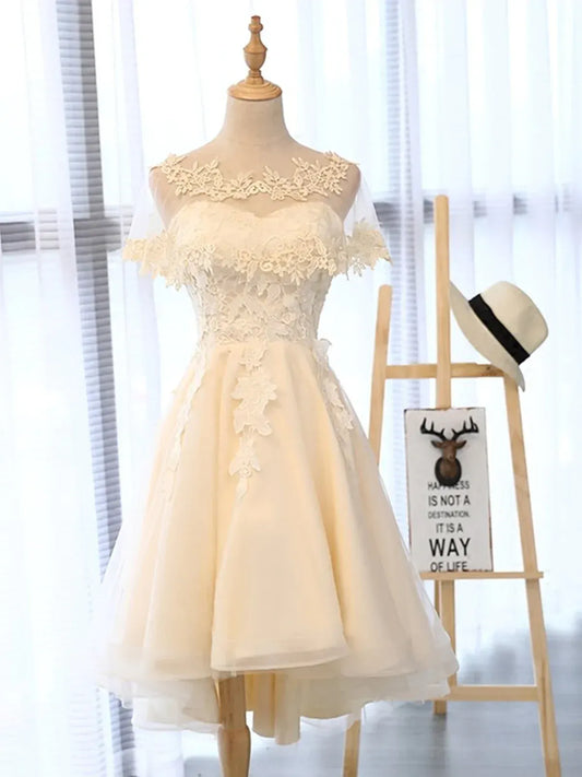 Romantic Tulle Midi Evening Dress Champagne Off-Shoulder Lace for Women