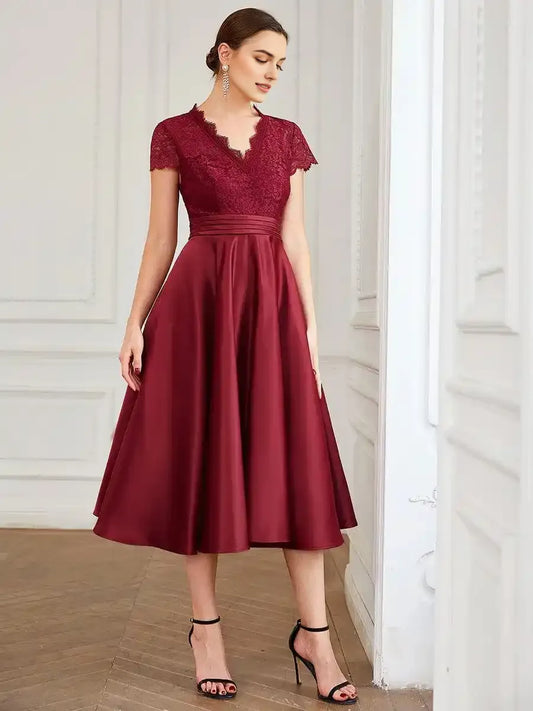 Romantic V-neck Lace Bodice Wedding Guest Dress with Pockets Mother Of The Bride Dresses
