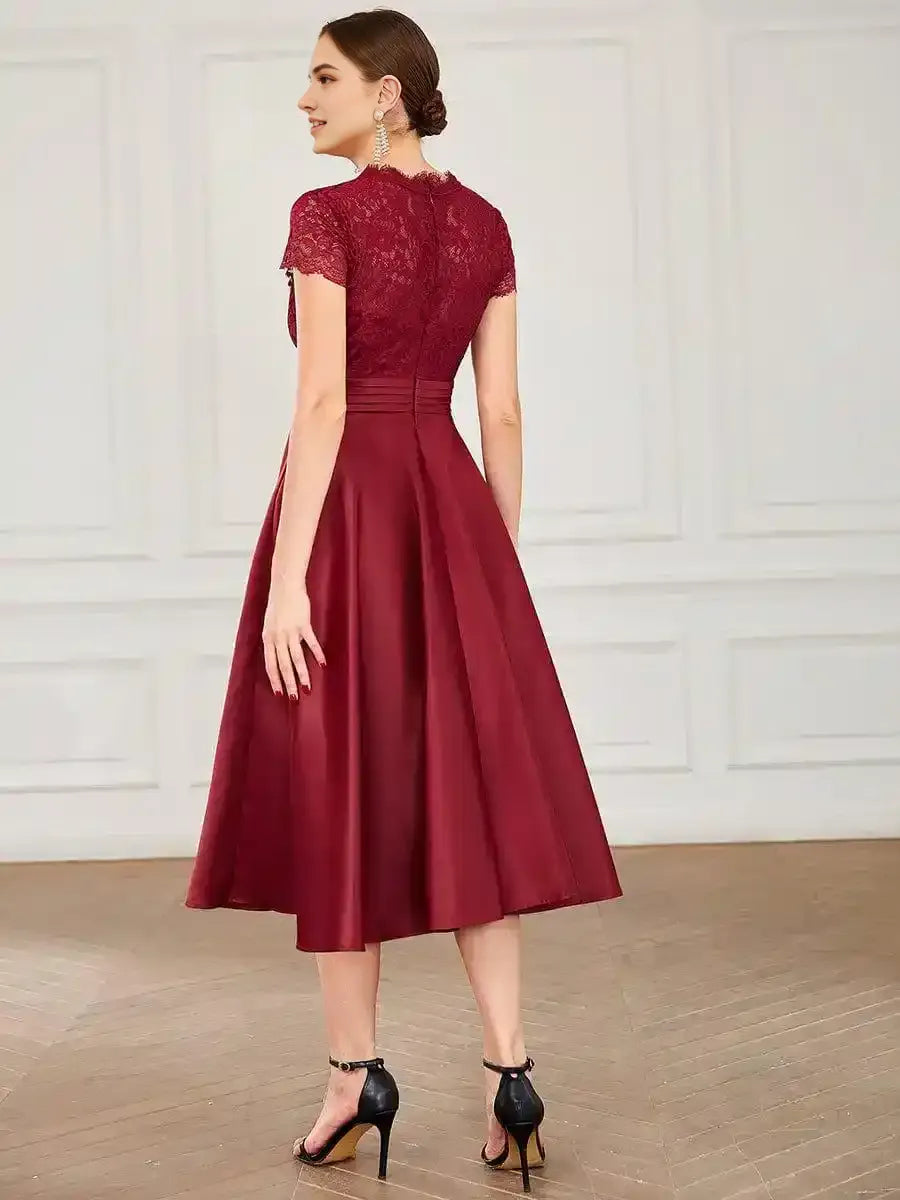 Romantic V-neck Lace Bodice Wedding Guest Dress with Pockets Mother Of The Bride Dresses