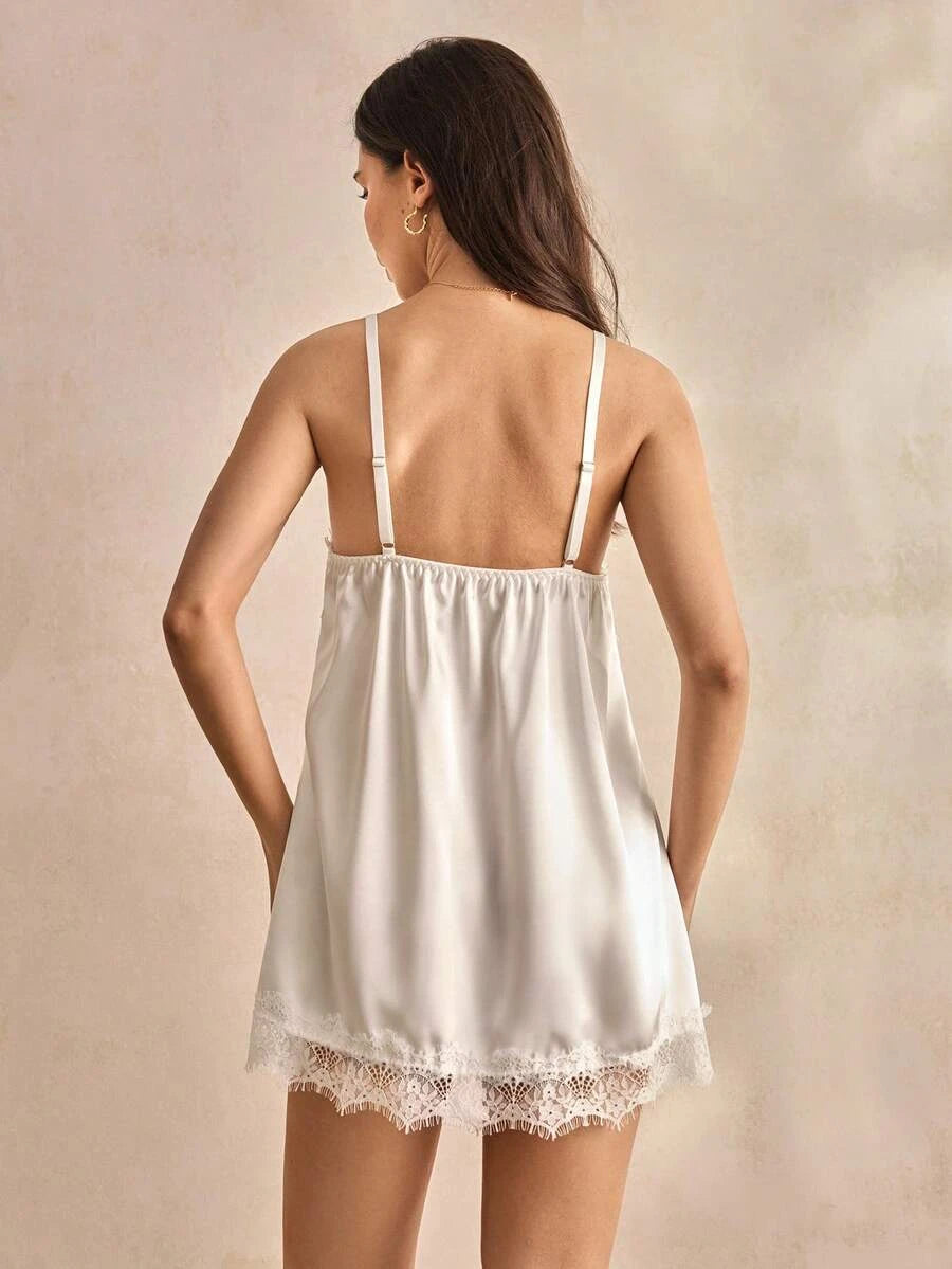 Romantic A-Line V-Neck Lace Trim Silky Satin White Mini Homecoming Dress
