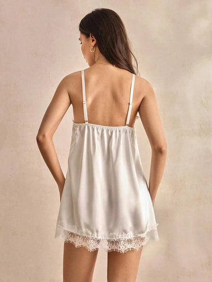 Romantic A-Line V-Neck Lace Trim Silky Satin White Mini Homecoming Dress