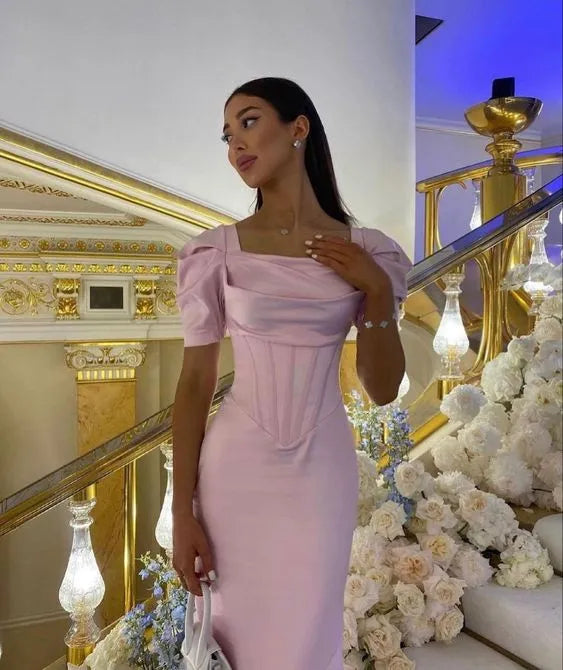 Romantic Satin Long Evening Dress Blush Pink Off-Shoulder Puff Sleeve for Women
