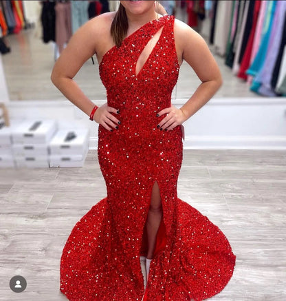 Royal Blue Prom Dress Sequined One Shoulder Mermaid Evening Dresses UK