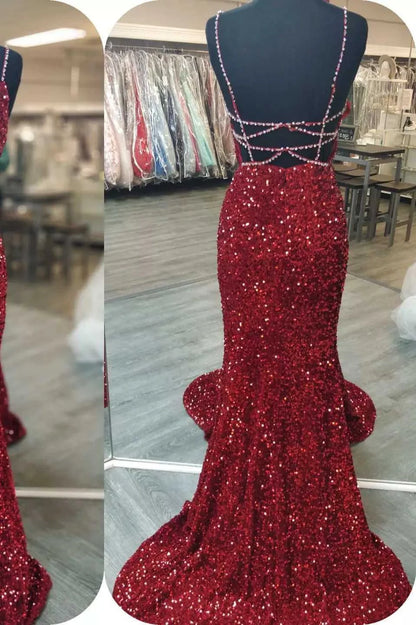 Royal Blue Sequin Beaded Mermaid Prom Dresses Spaghetti Straps