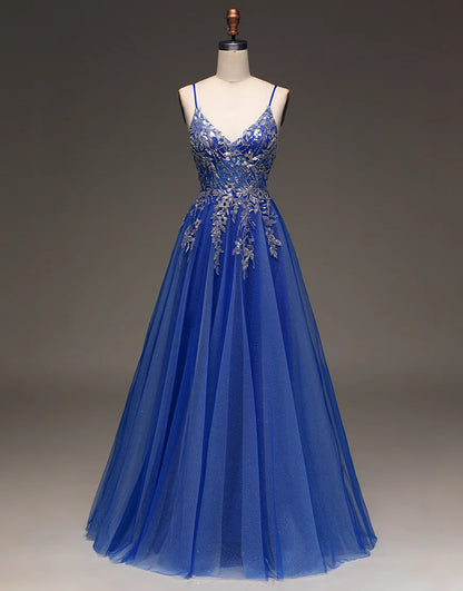 A Line Spaghetti Straps Backless Long Prom Dress with Appliques