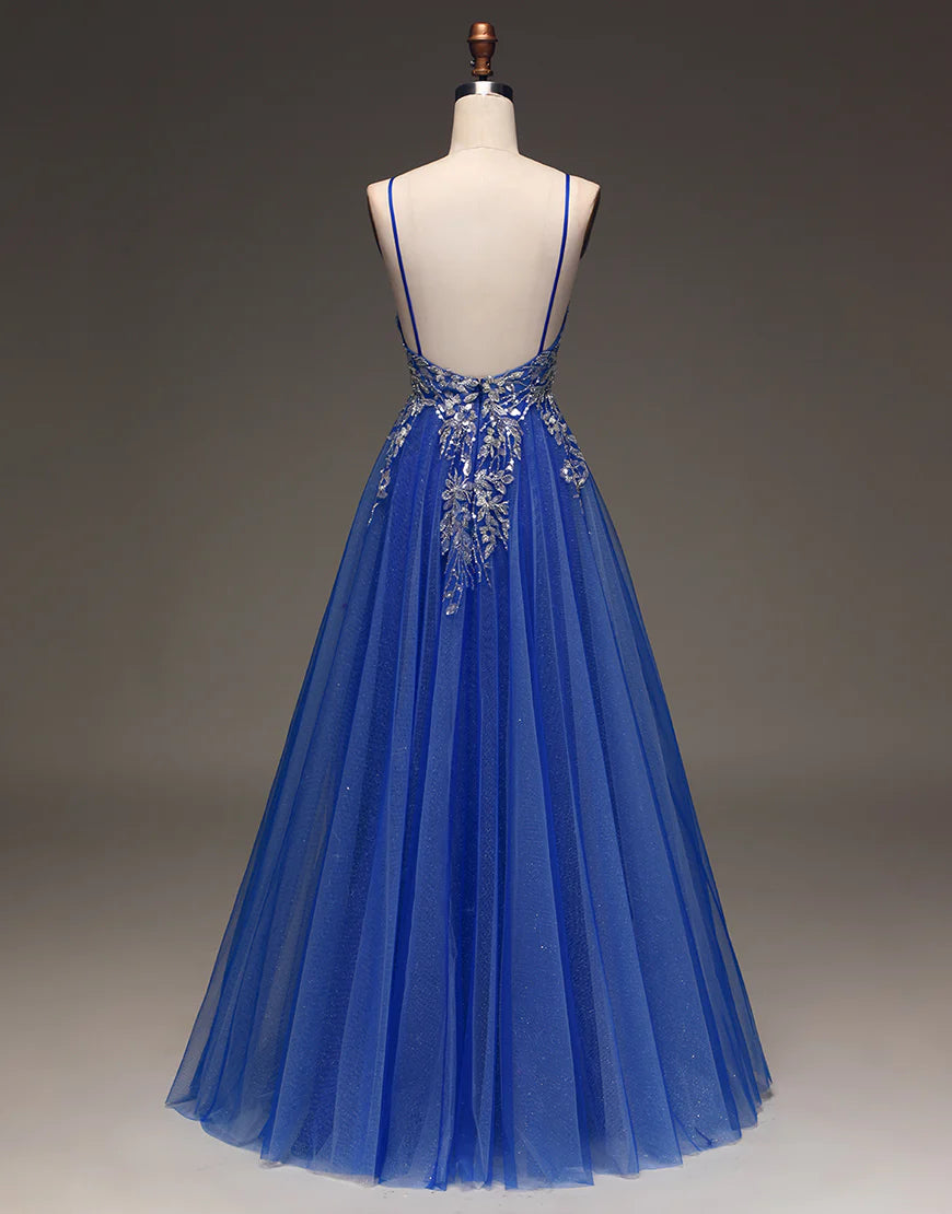A Line Spaghetti Straps Backless Long Prom Dress with Appliques