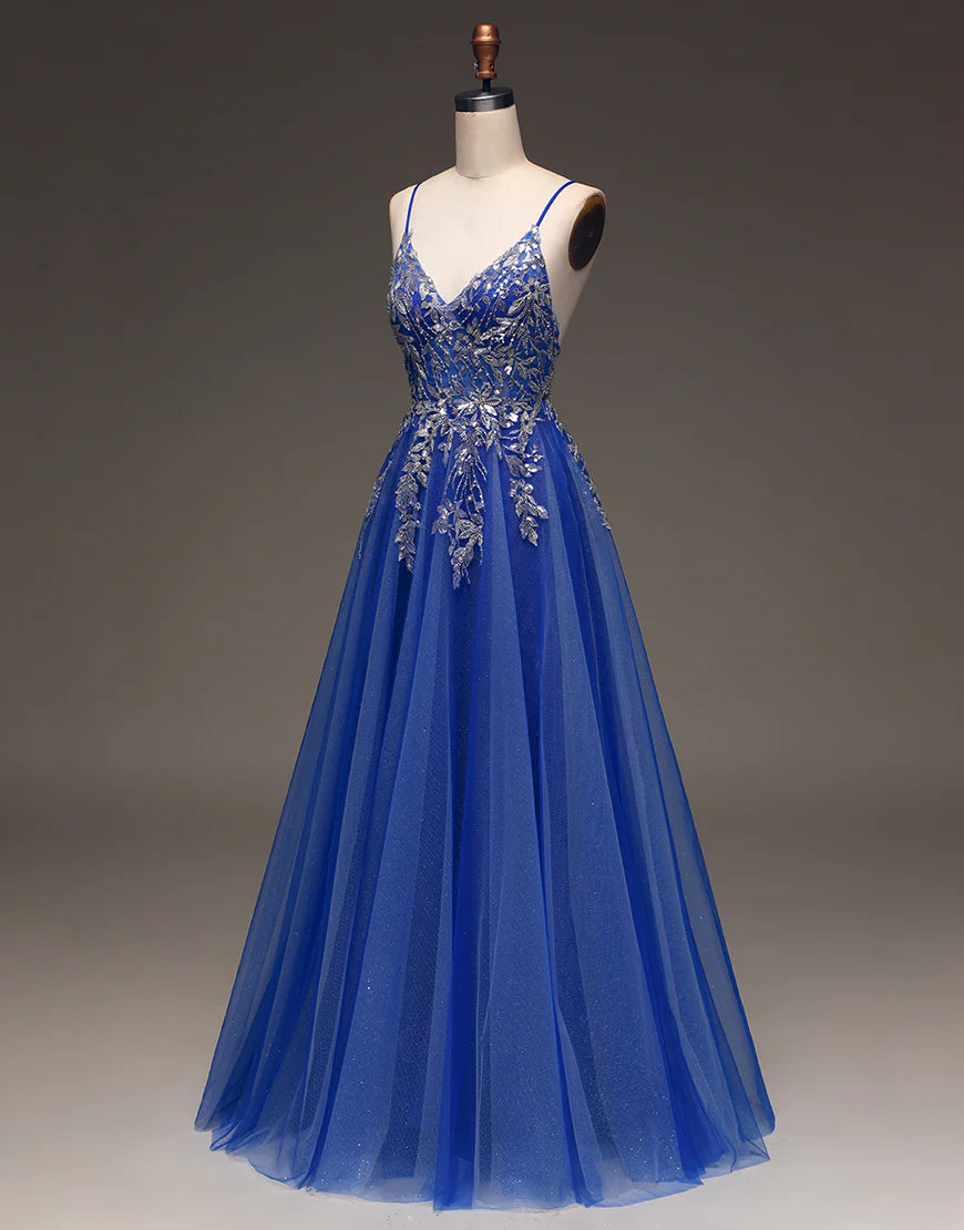 A Line Spaghetti Straps Backless Long Prom Dress with Appliques