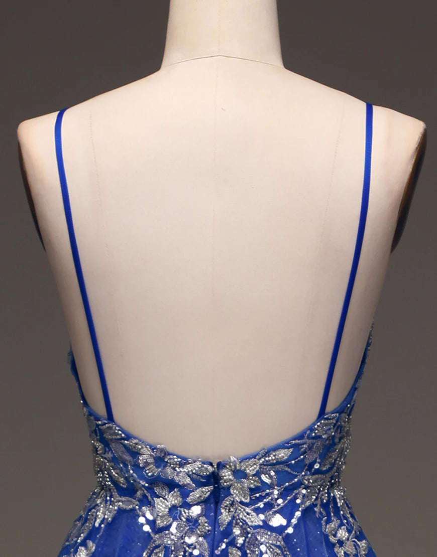A Line Spaghetti Straps Backless Long Prom Dress with Appliques