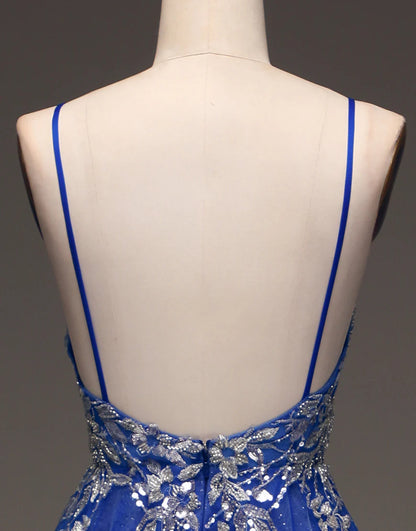 A Line Spaghetti Straps Backless Long Prom Dress with Appliques
