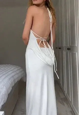 Ruched Satin Floor-Length Evening Dress White Halter Open-Back for Women