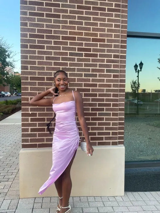 Ruched Satin Mini Evening Dress Lavender Square-Neck Criss-Cross for Women