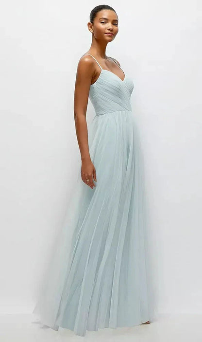 Ruched Wrap Bodice Tulle Maxi Dress with Full Skirt in Mist