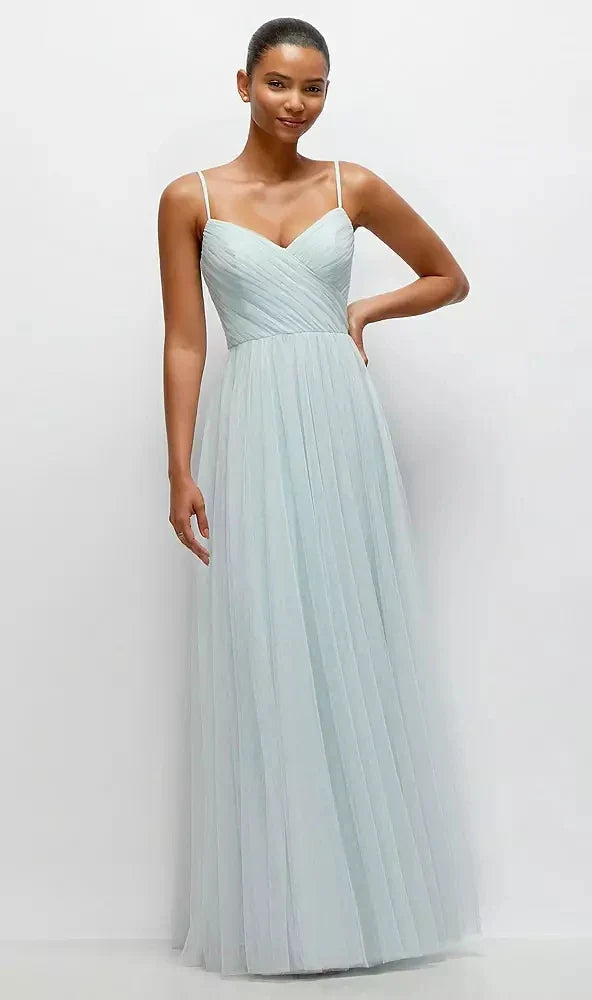 Ruched Wrap Bodice Tulle Maxi Dress with Full Skirt in Mist