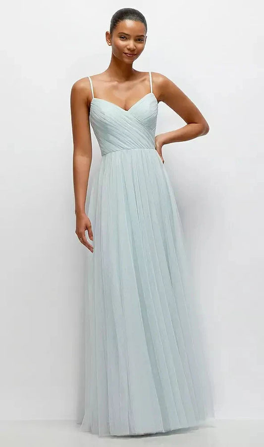 Ruched Wrap Bodice Tulle Maxi Dress with Full Skirt in Mist