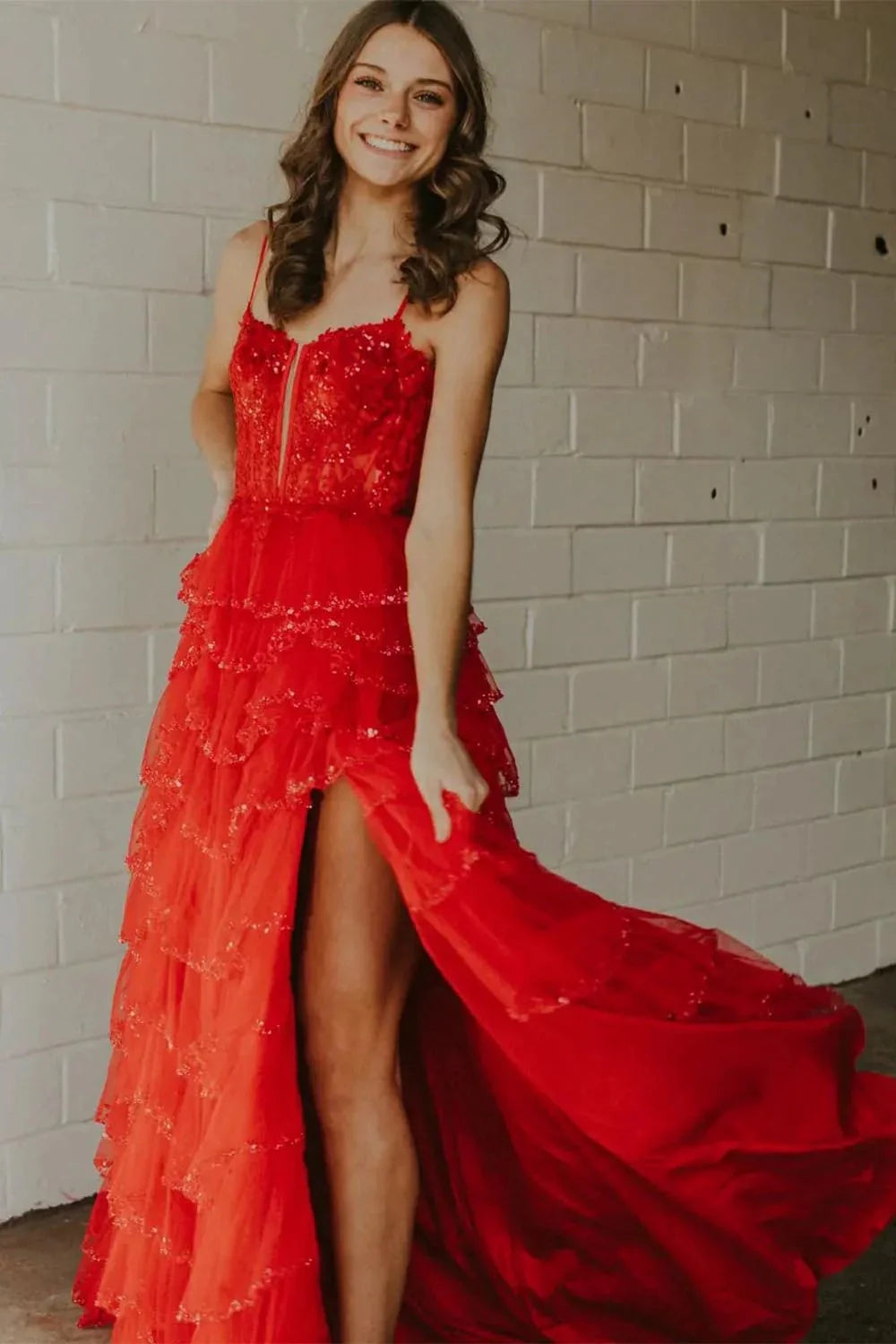 Ruffle Slit Red Prom Dress