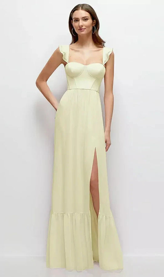 Ruffle Strap Chiffon Bustier Maxi Dress with Ruffle Hem A-Line Skirt in Butter Yellow