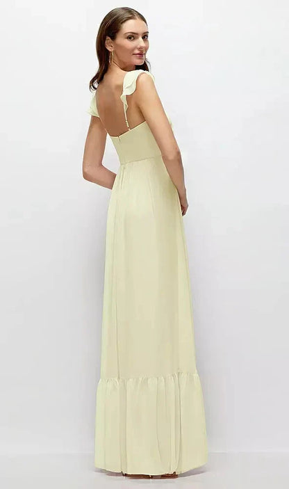 Ruffle Strap Chiffon Bustier Maxi Dress with Ruffle Hem A-Line Skirt in Butter Yellow