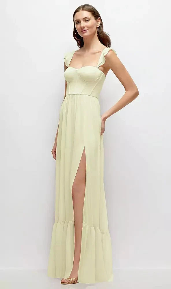 Ruffle Strap Chiffon Bustier Maxi Dress with Ruffle Hem A-Line Skirt in Butter Yellow