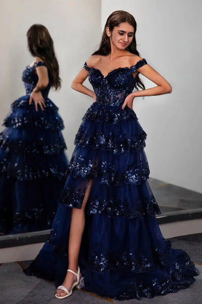 Ruffle Tiered Prom Dress with Sequin