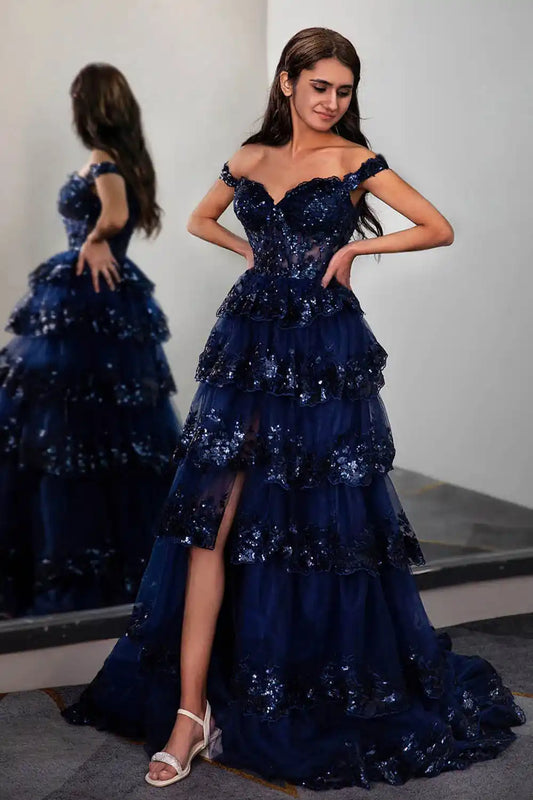 Ruffle Tiered Prom Dress with Sequin