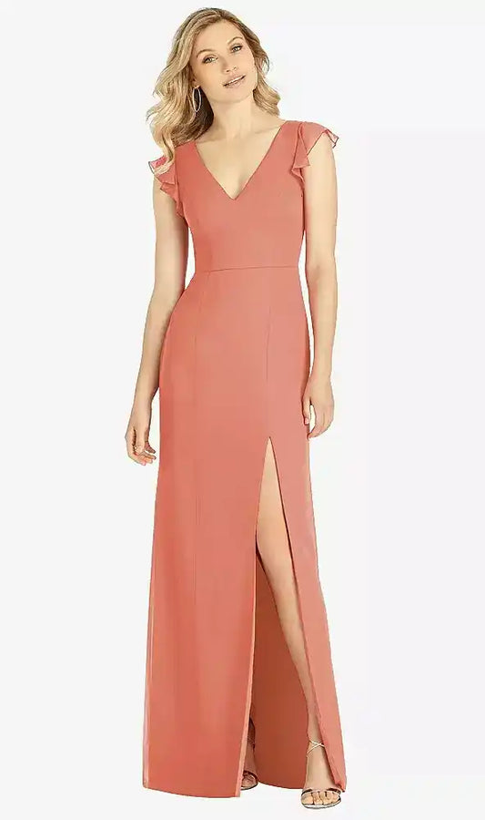 Ruffled Sleeve Mermaid Dress with Front Slit in Terracotta Copper