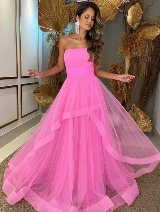 Ruffled Tulle Floor-Length Evening Dress Neon Pink Strapless Tiered for Women